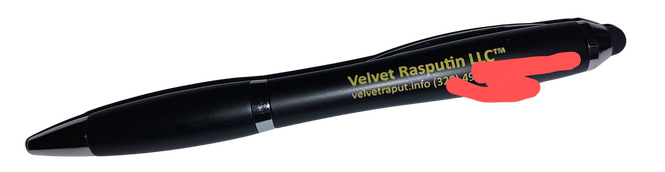 Velvet Raputin Typo Pen A black pen with yellow type with the phone redacted and a misspelled website.